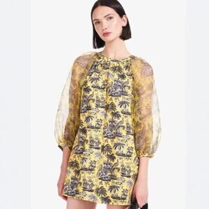 Staud Garden Puff Sleeve Graphic Print Mini Dress In Marigold Toile Size XS